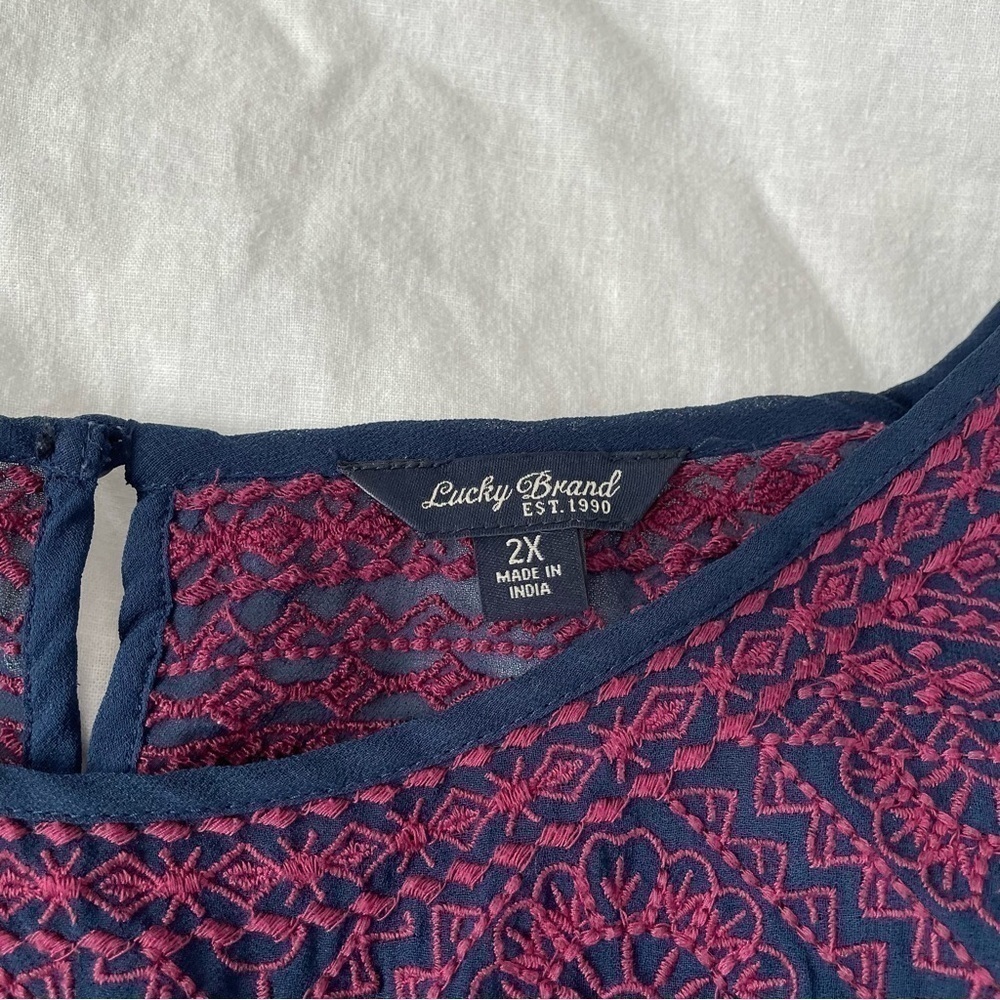 Lucky Brand 2X Border Print Peasant Top Lace Blue Swing - Picture 9 of 9